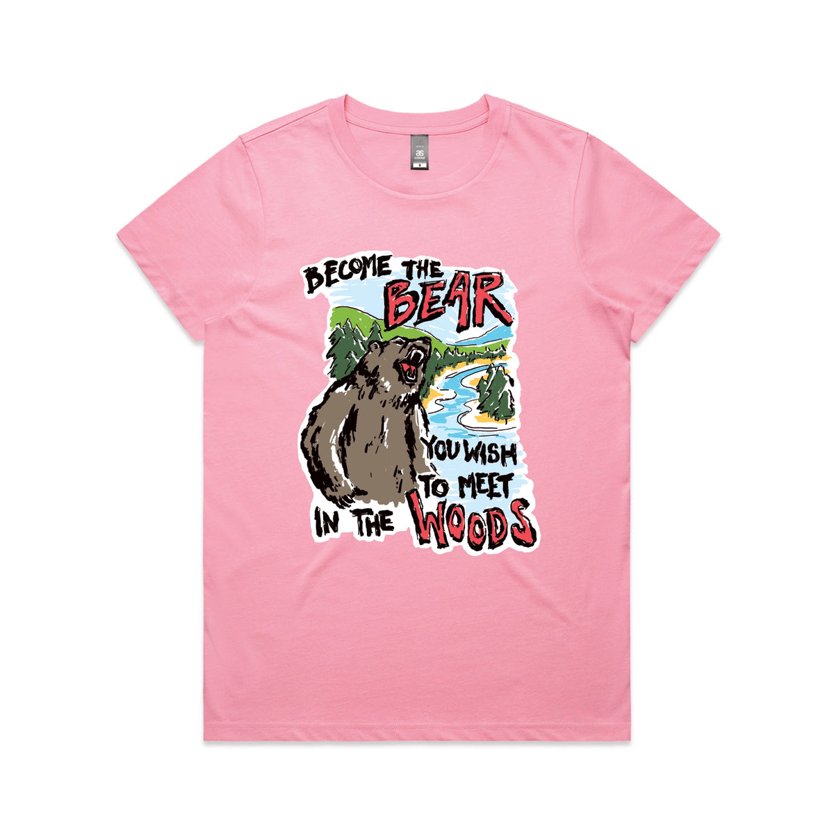 Bubblegum fitted womens t-shirt with Become The Bear graphic by Lonely Kids Club