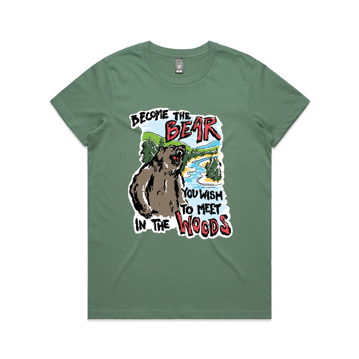 Sage fitted womens t-shirt with Become The Bear graphic by Lonely Kids Club
