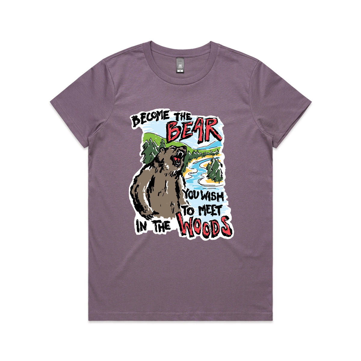 Mauve fitted womens t-shirt with Become The Bear graphic by Lonely Kids Club