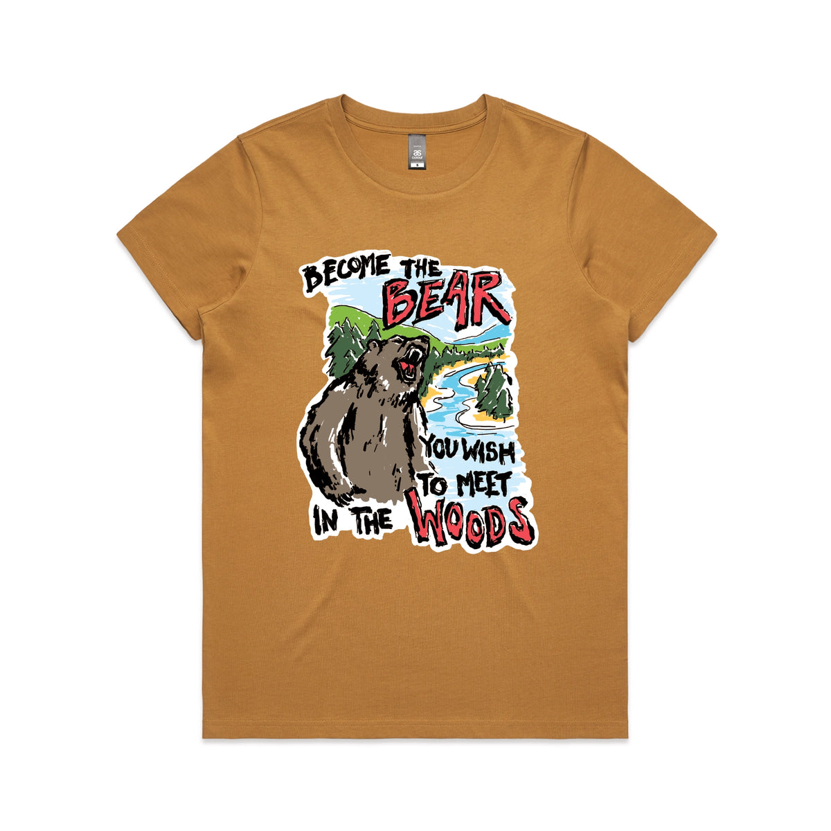 Camel fitted womens t-shirt with Become The Bear graphic by Lonely Kids Club