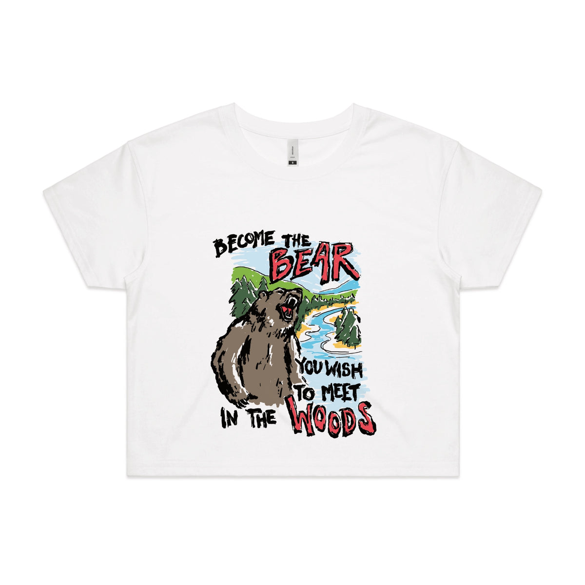White crop top with Become The Bear graphic by Lonely Kids Club