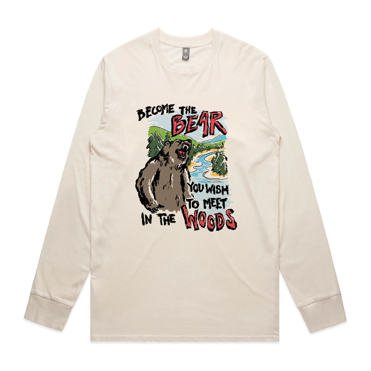 Ecru long sleeve t-shirt with Become The Bear graphic by Lonely Kids Club