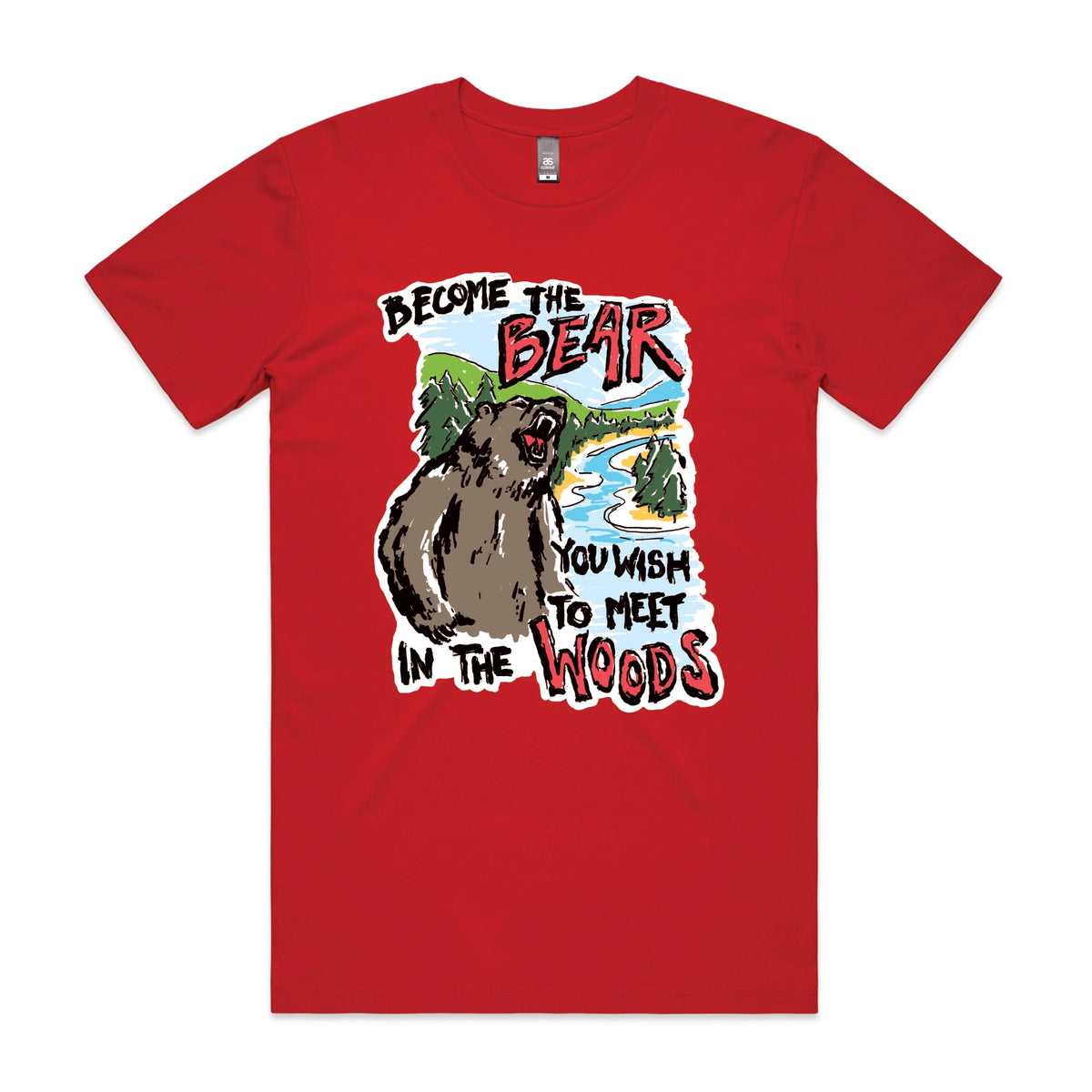 Red unisex t-shirt with Become The Bear graphic by Lonely Kids Club