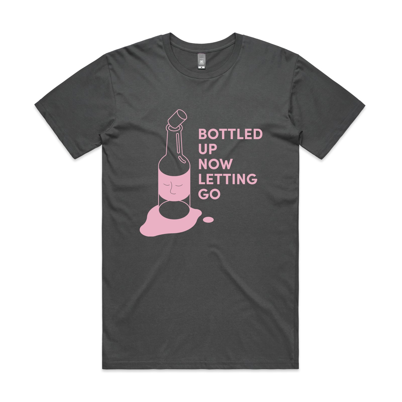 Faded Black unisex t-shirt with Bottled Up Now Letting Go graphic by Lonely Kids Club