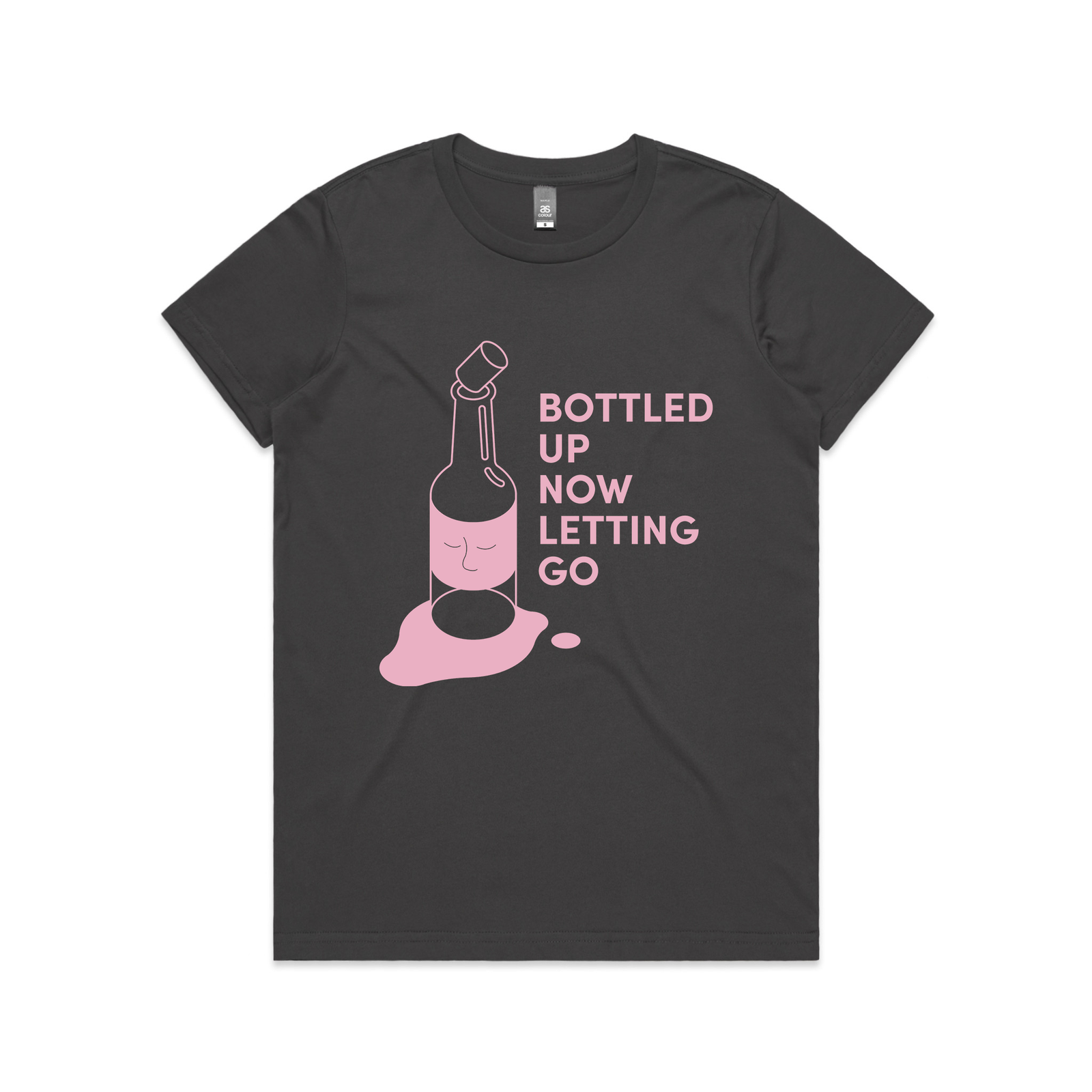 Faded Black fitted womens t-shirt with Bottled Up Now Letting Go graphic by Lonely Kids Club