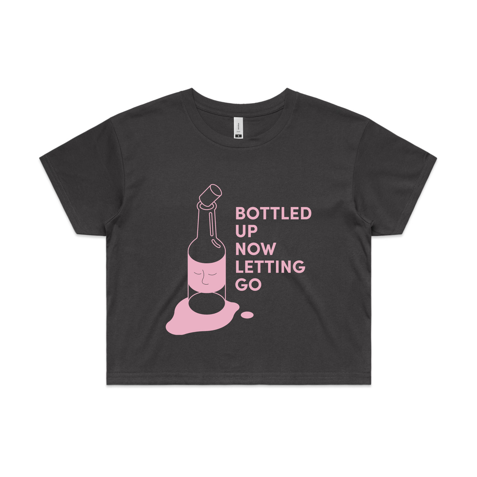 Faded Black crop top with Bottled Up Now Letting Go graphic by Lonely Kids Club