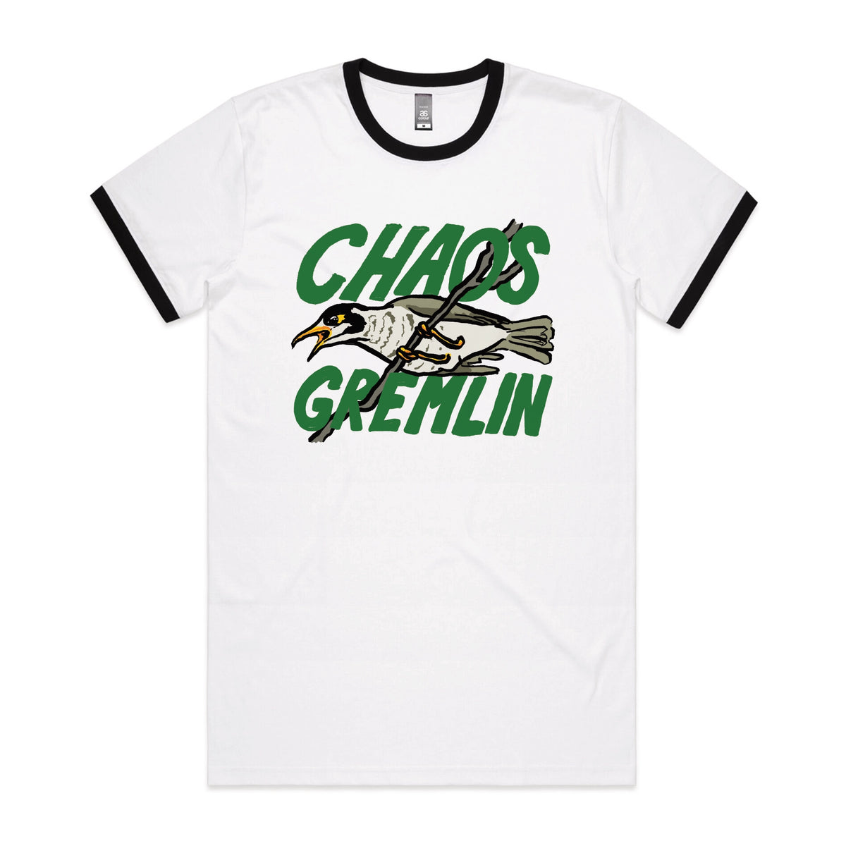 Black/White Ringer unisex t-shirt with Chaos Gremlin graphic by Lonely Kids Club