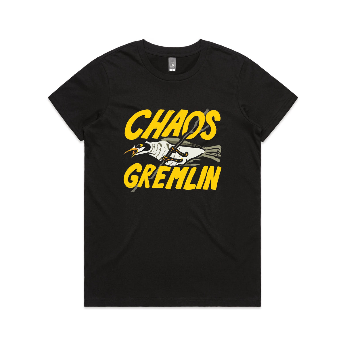Black fitted womens t-shirt with Chaos Gremlin graphic by Lonely Kids Club