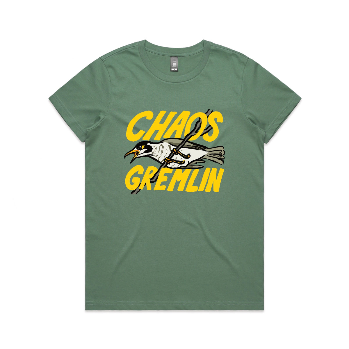 Sage fitted womens t-shirt with Chaos Gremlin graphic by Lonely Kids Club