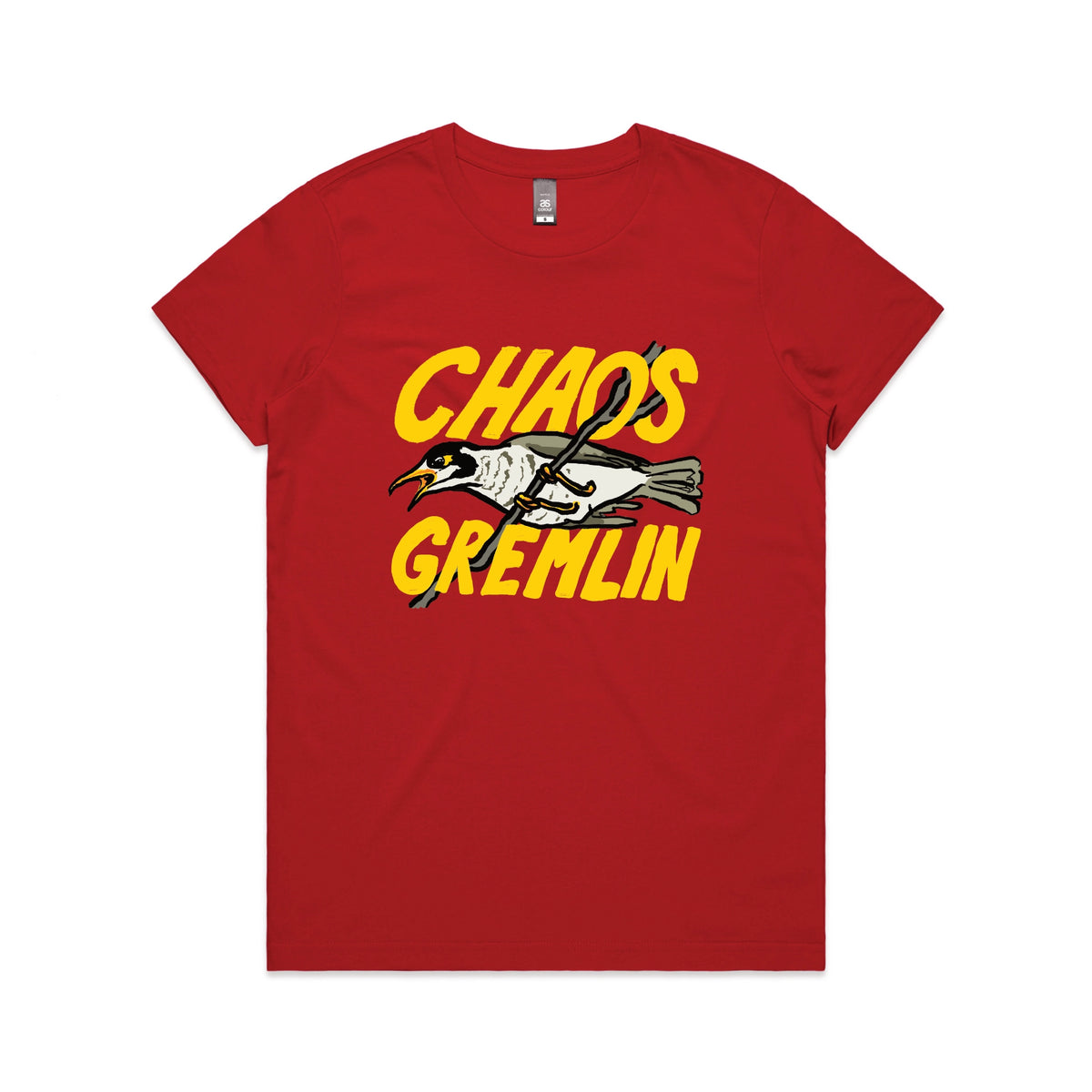 Red fitted womens t-shirt with Chaos Gremlin graphic by Lonely Kids Club