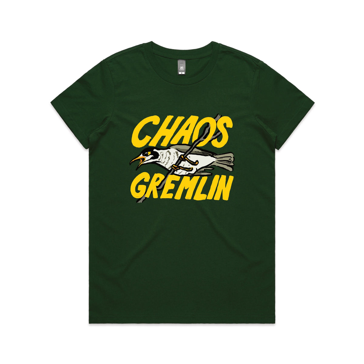 Forest Green fitted womens t-shirt with Chaos Gremlin graphic by Lonely Kids Club