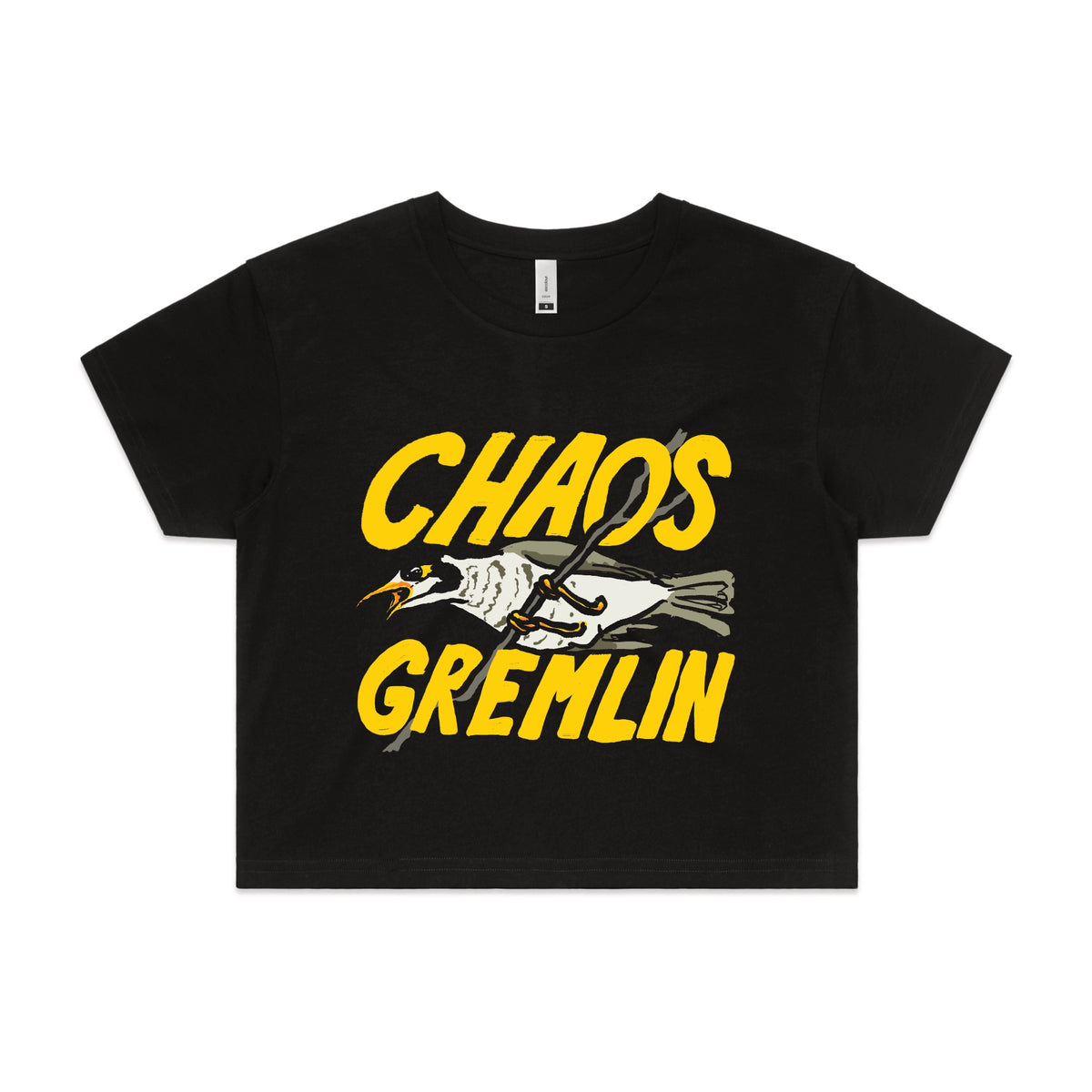 Black crop top with Chaos Gremlin graphic by Lonely Kids Club