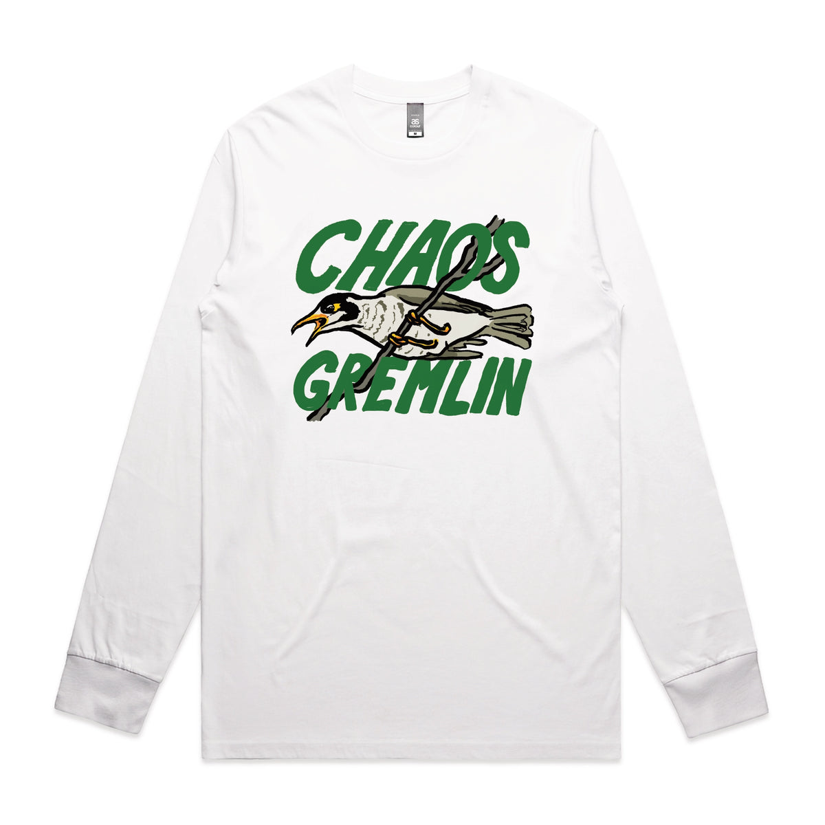 White long sleeve t-shirt with Chaos Gremlin graphic by Lonely Kids Club