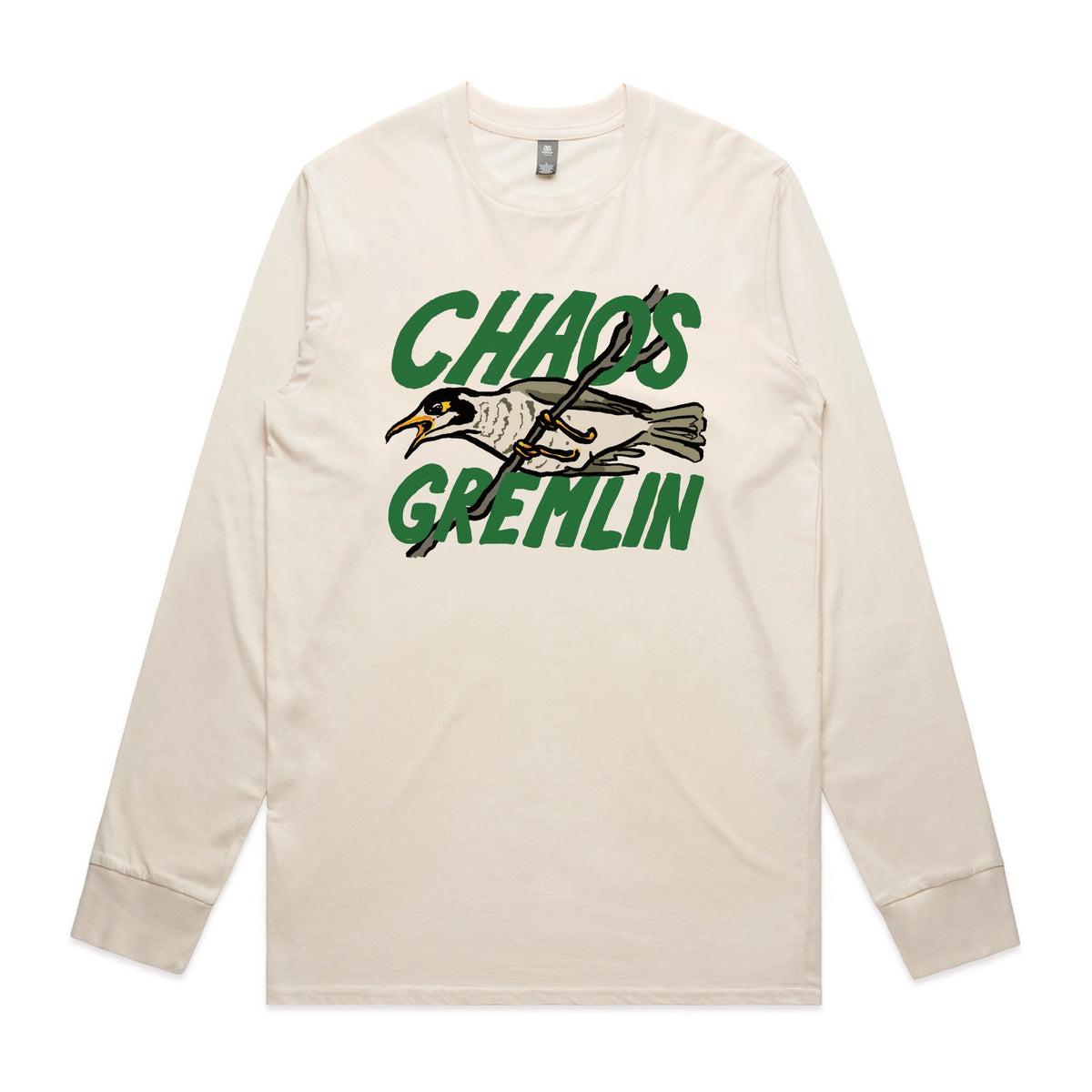 Ecru long sleeve t-shirt with Chaos Gremlin graphic by Lonely Kids Club