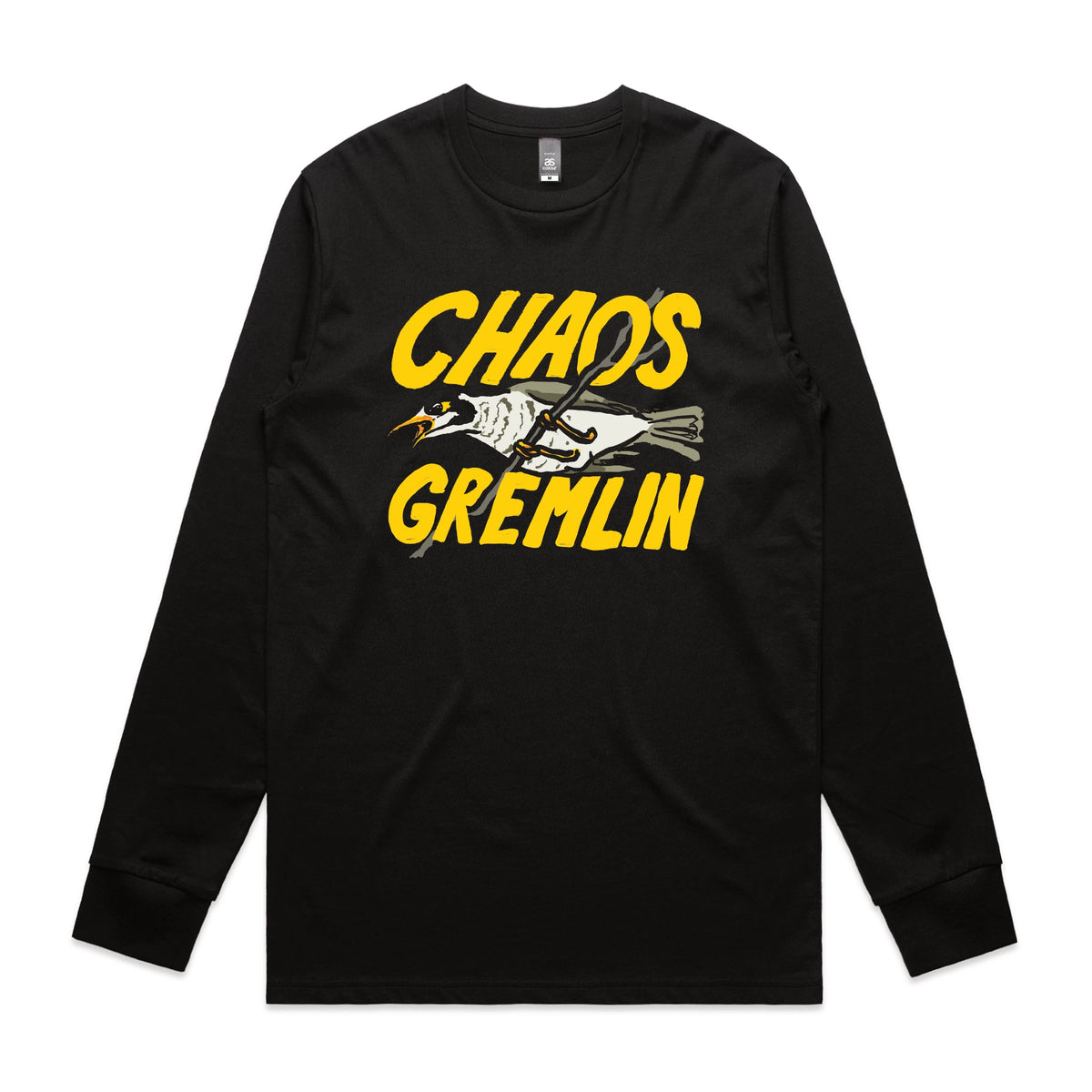 Black long sleeve t-shirt with Chaos Gremlin graphic by Lonely Kids Club