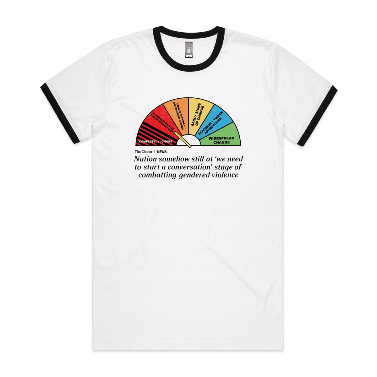 Black/White Ringer unisex t-shirt with Start A Conversation graphic by Lonely Kids Club