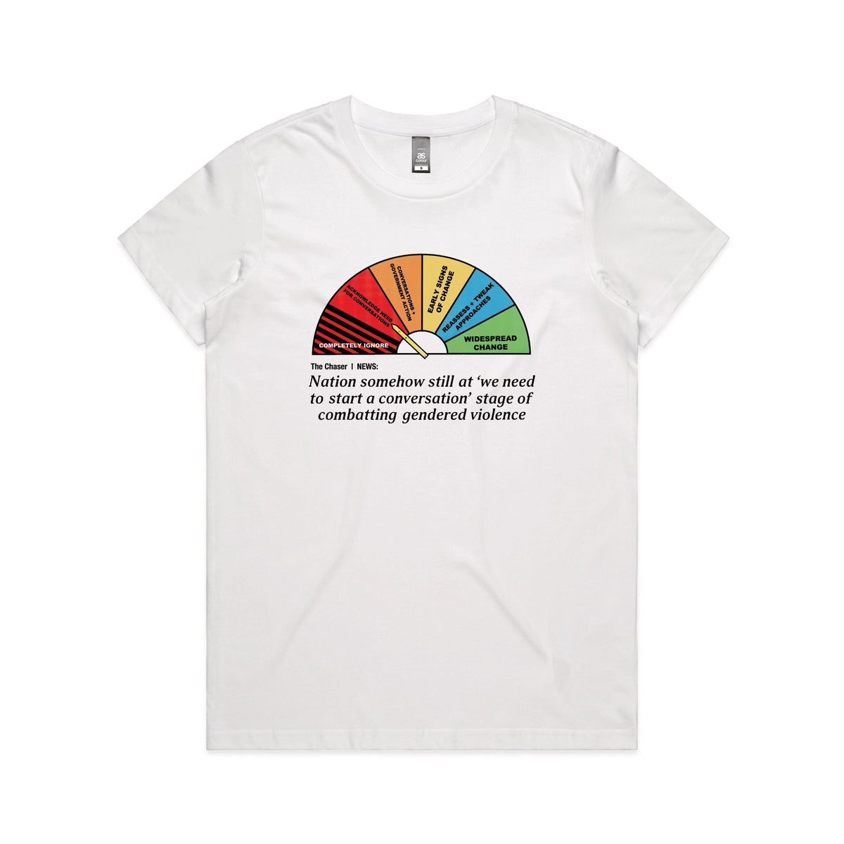 White fitted womens t-shirt with Start A Conversation graphic by Lonely Kids Club