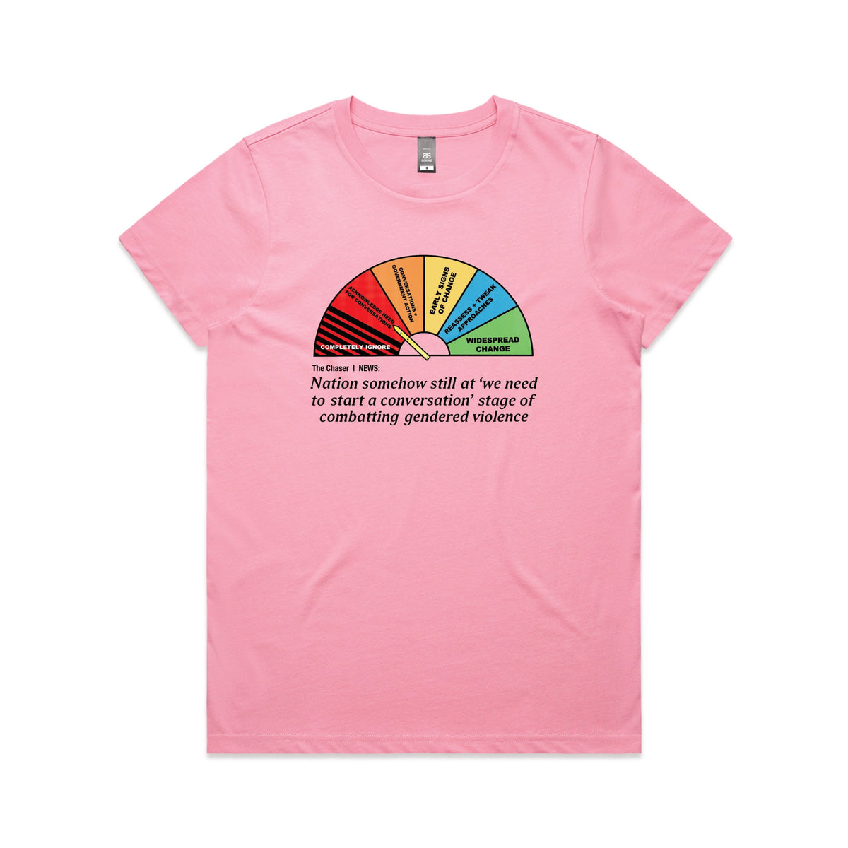 Bubblegum fitted womens t-shirt with Start A Conversation graphic by Lonely Kids Club