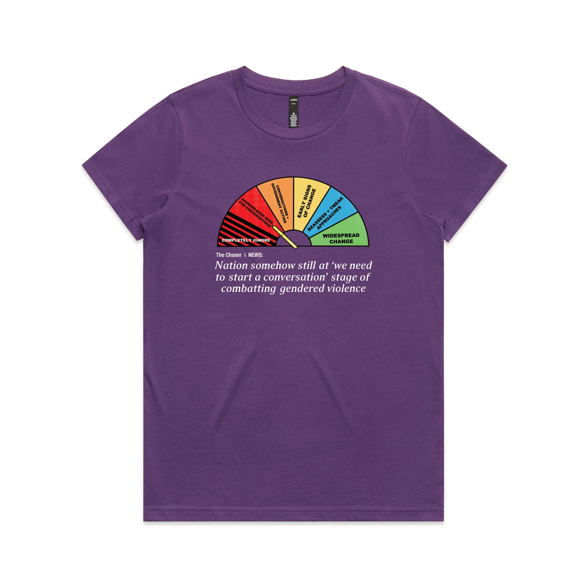 Purple fitted womens t-shirt with Start A Conversation graphic by Lonely Kids Club