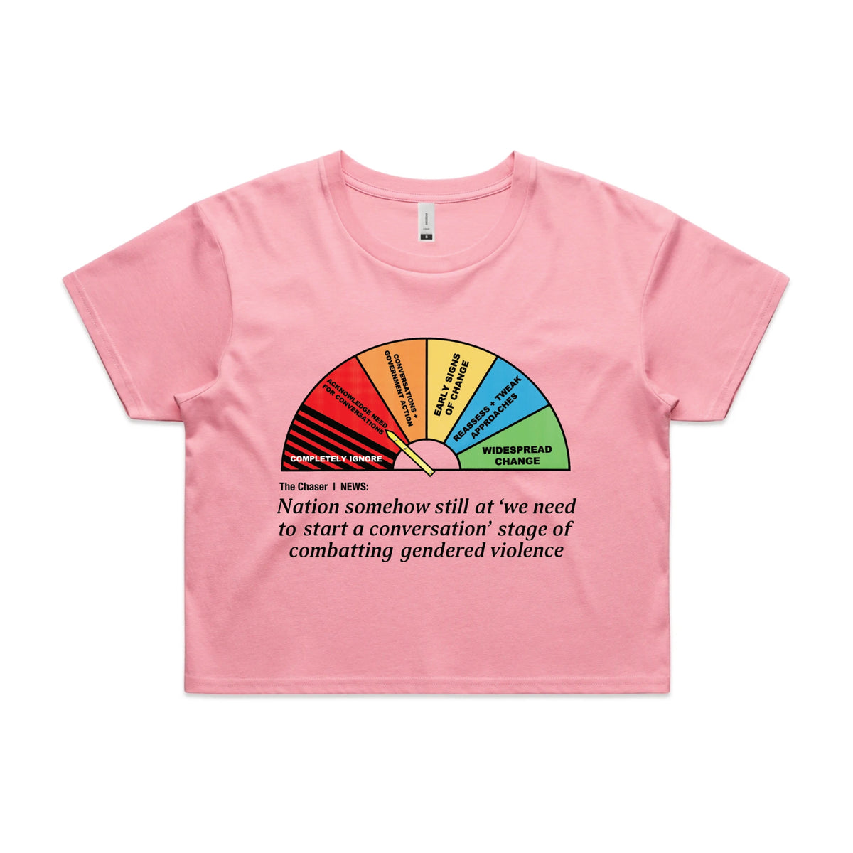 Bubblegum crop top with Start A Conversation graphic by Lonely Kids Club