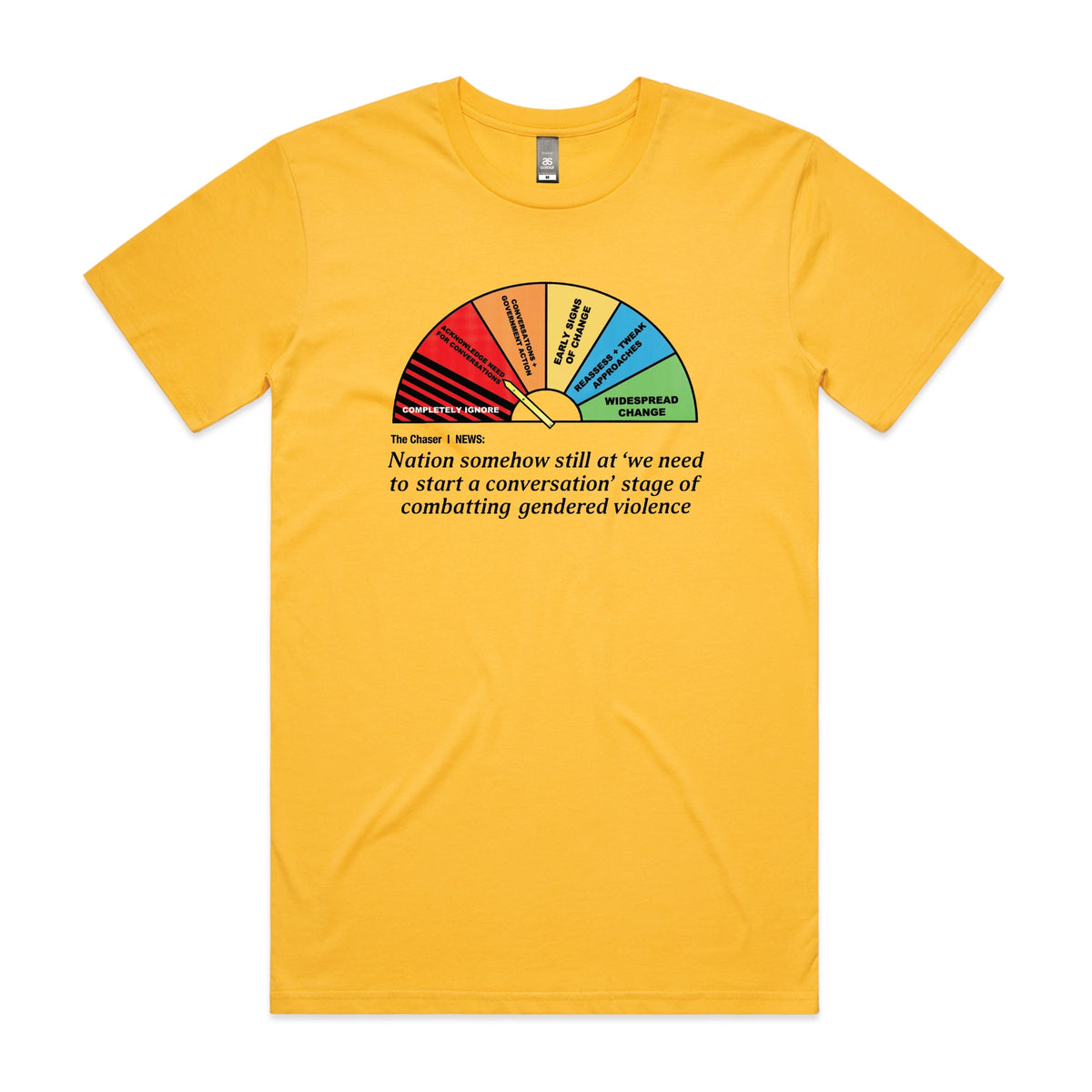 Yellow unisex t-shirt with Start A Conversation graphic by Lonely Kids Club