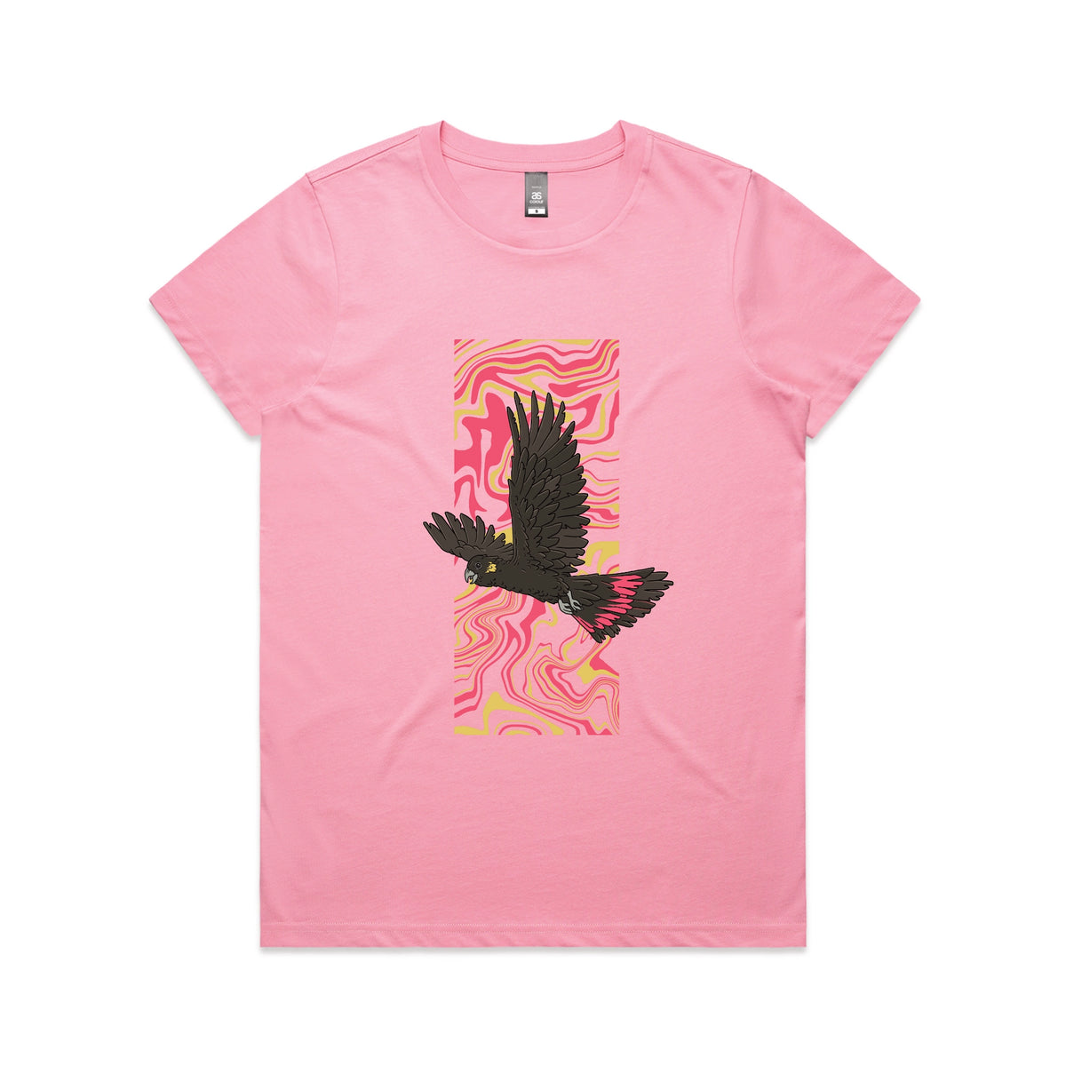 Bubblegum fitted womens t-shirt with Black Cockatoo Swirl graphic by Lonely Kids Club