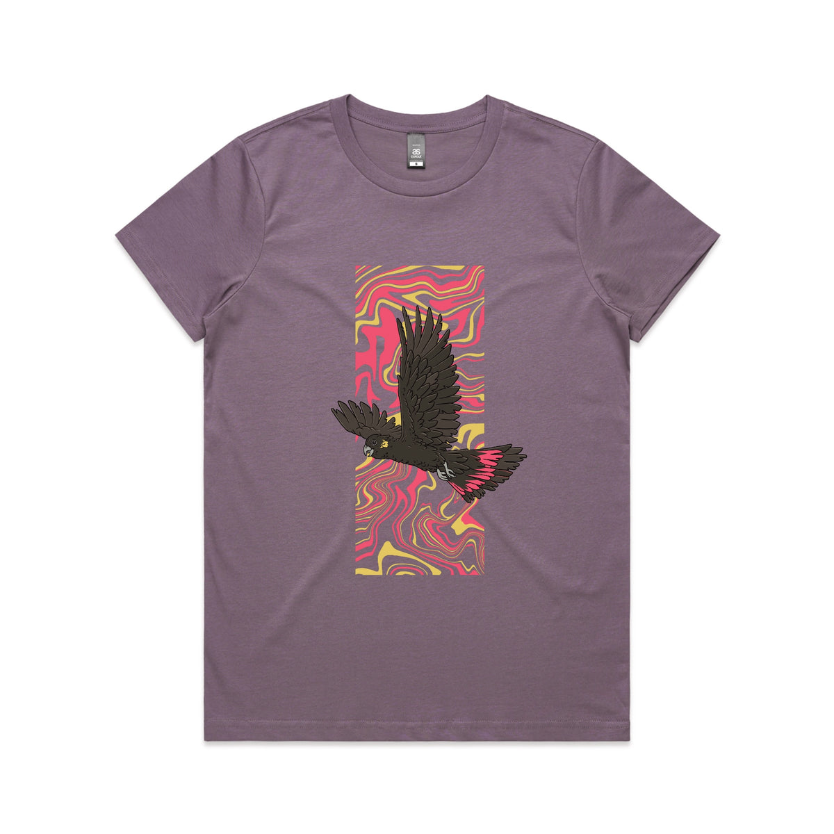 Mauve unisex t-shirt with Black Cockatoo Swirl graphic by Lonely Kids Club