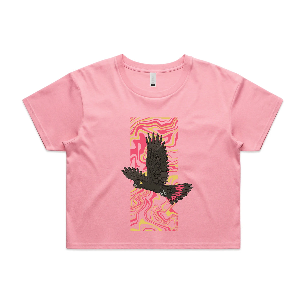 Bubblegum crop top with Black Cockatoo Swirl graphic by Lonely Kids Club