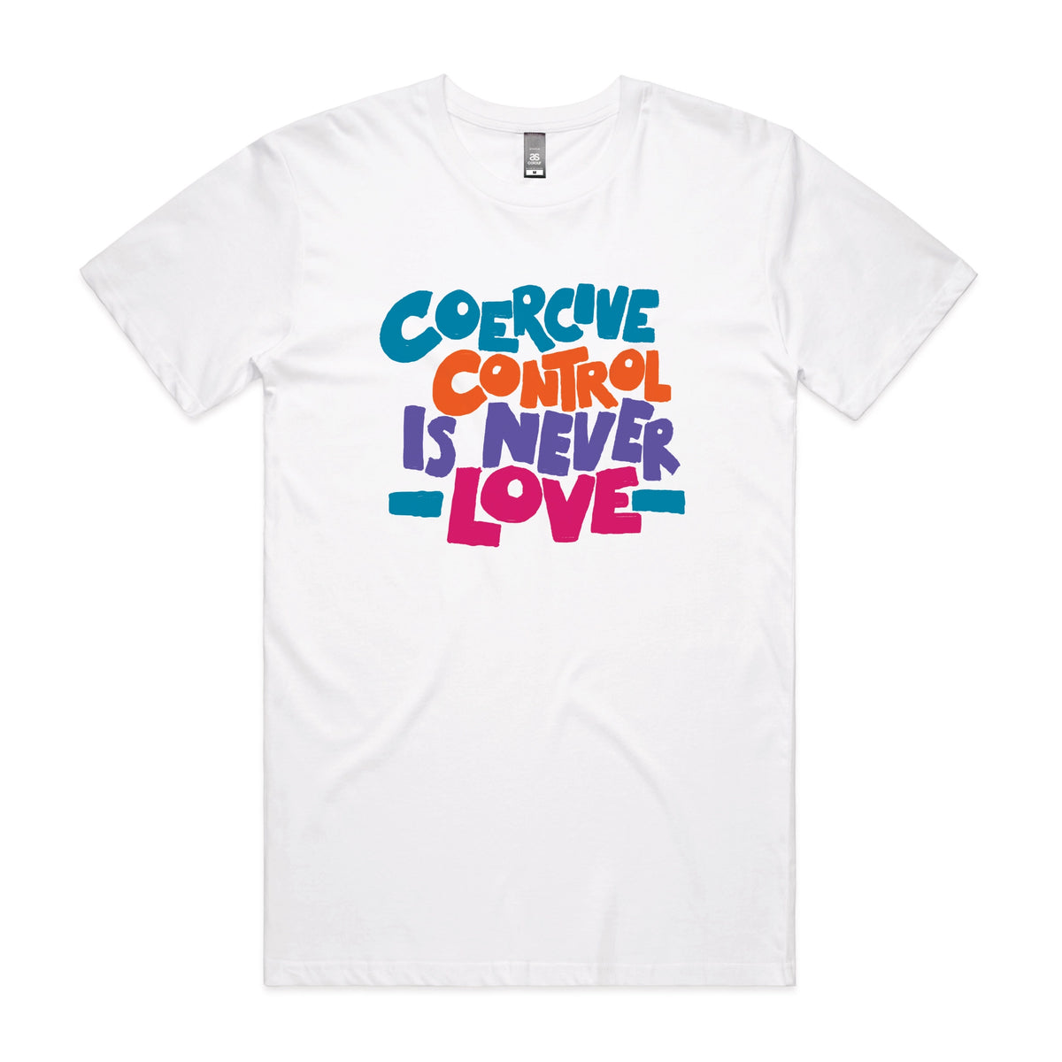 White unisex t-shirt with Coercive Control graphic by Lonely Kids Club