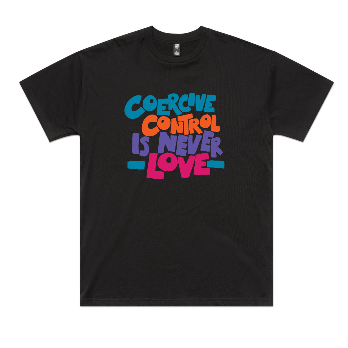 Black oversized t-shirt with Coercive Control graphic by Lonely Kids Club