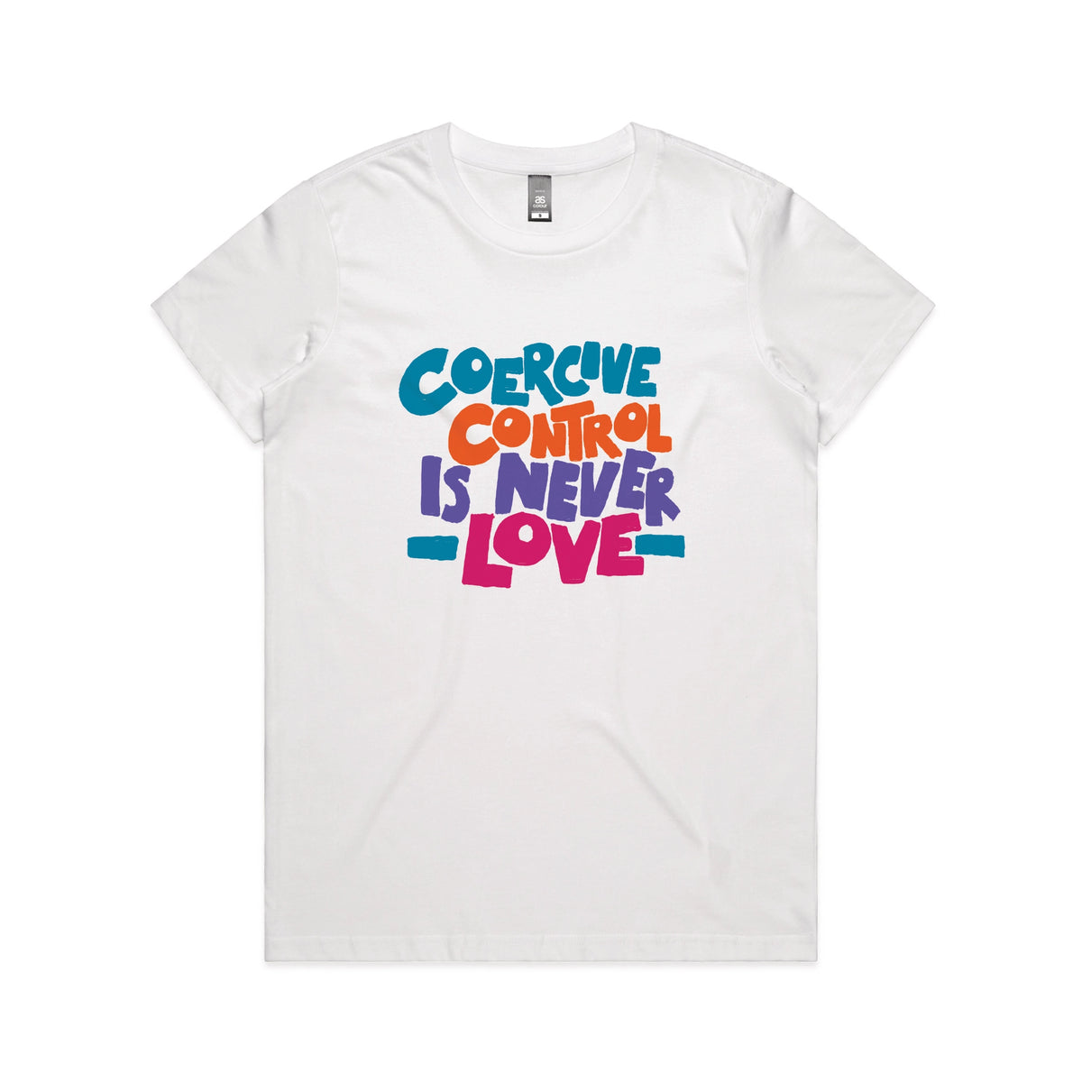 White fitted womens t-shirt with Coercive Control graphic by Lonely Kids Club