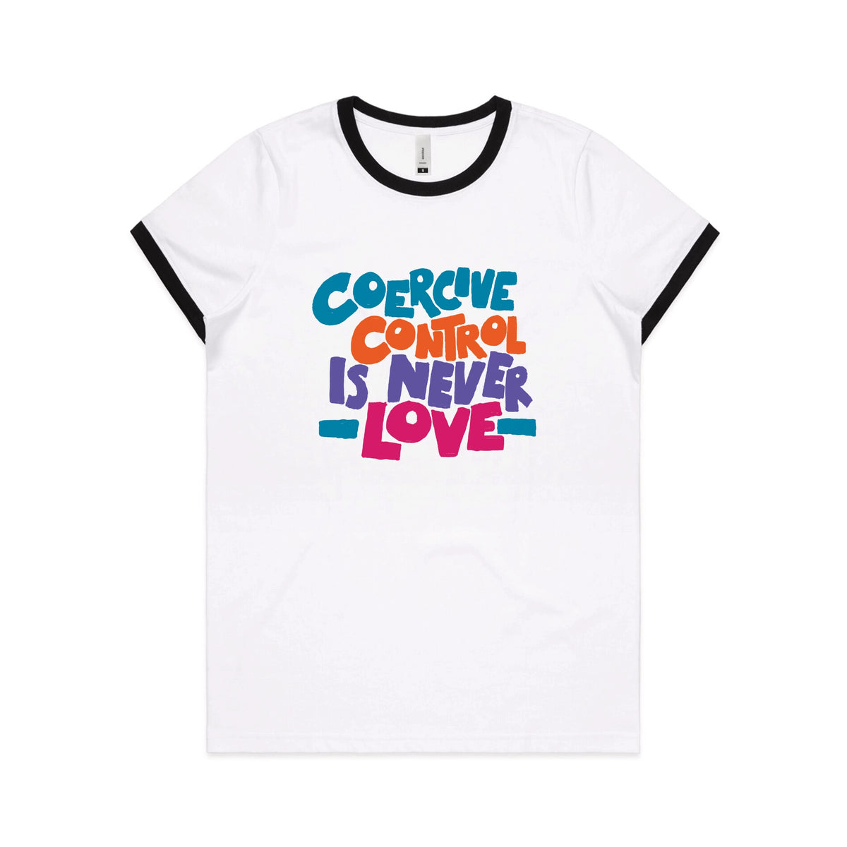 Black/White Ringer fitted womens t-shirt with Coercive Control graphic by Lonely Kids Club