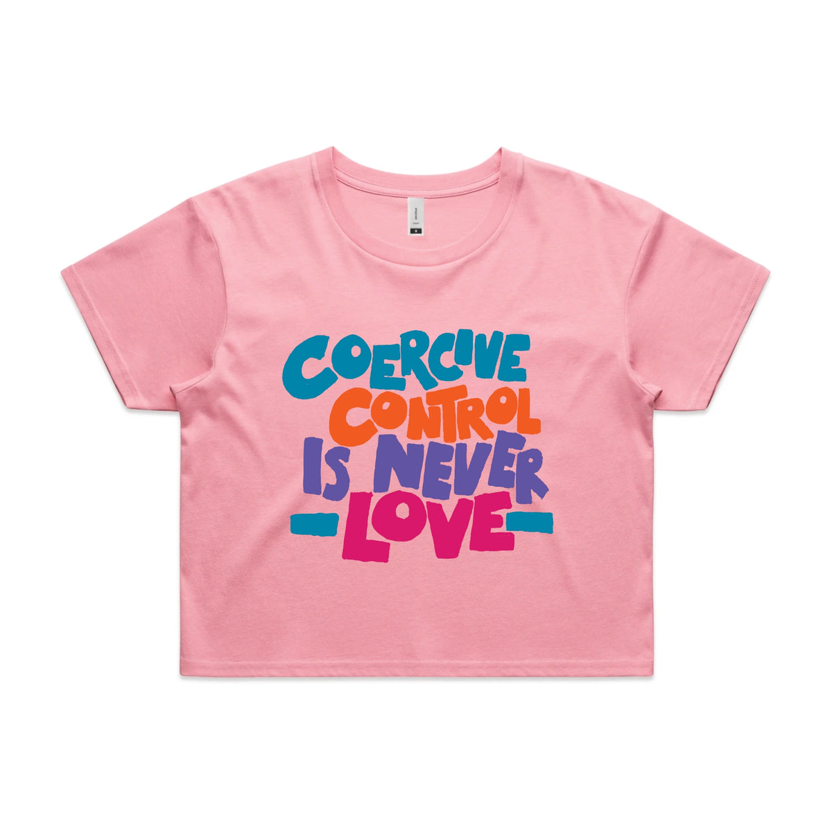 Bubblegum crop top with Coercive Control graphic by Lonely Kids Club