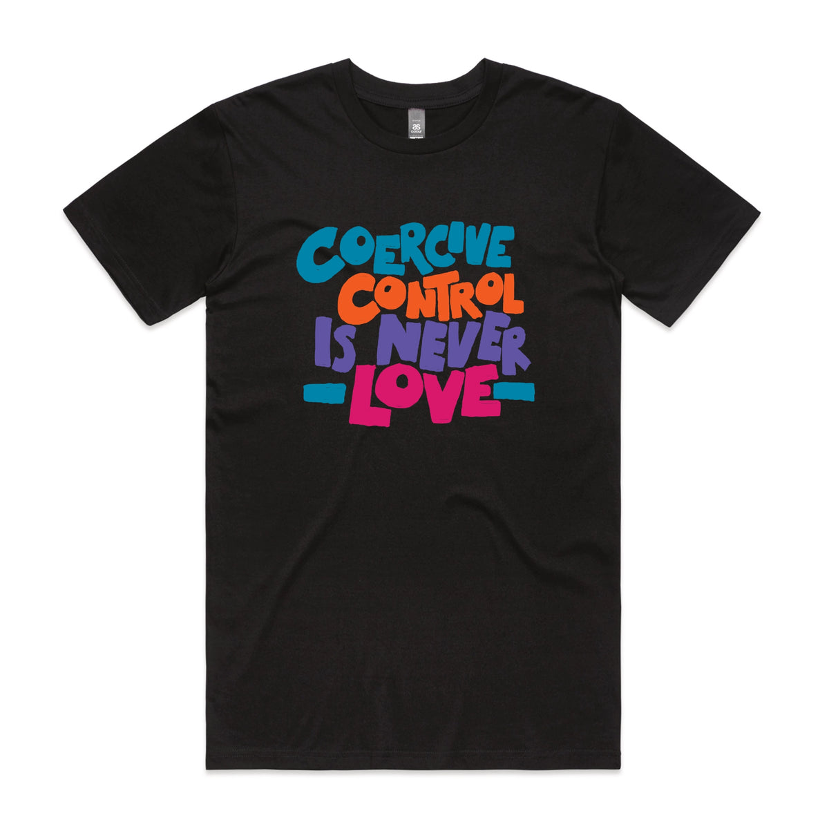 Black unisex t-shirt with Coercive Control graphic by Lonely Kids Club