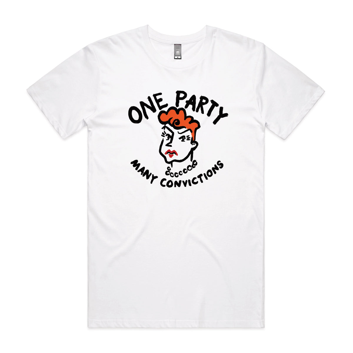 White unisex t-shirt with Many Convictions graphic by Lonely Kids Club
