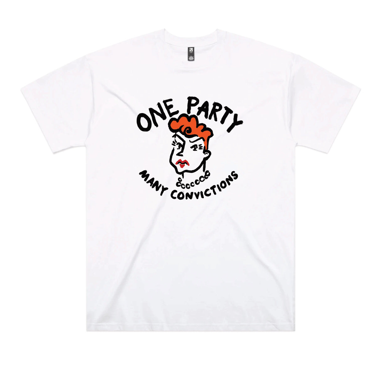 White oversized t-shirt with Many Convictions graphic by Lonely Kids Club