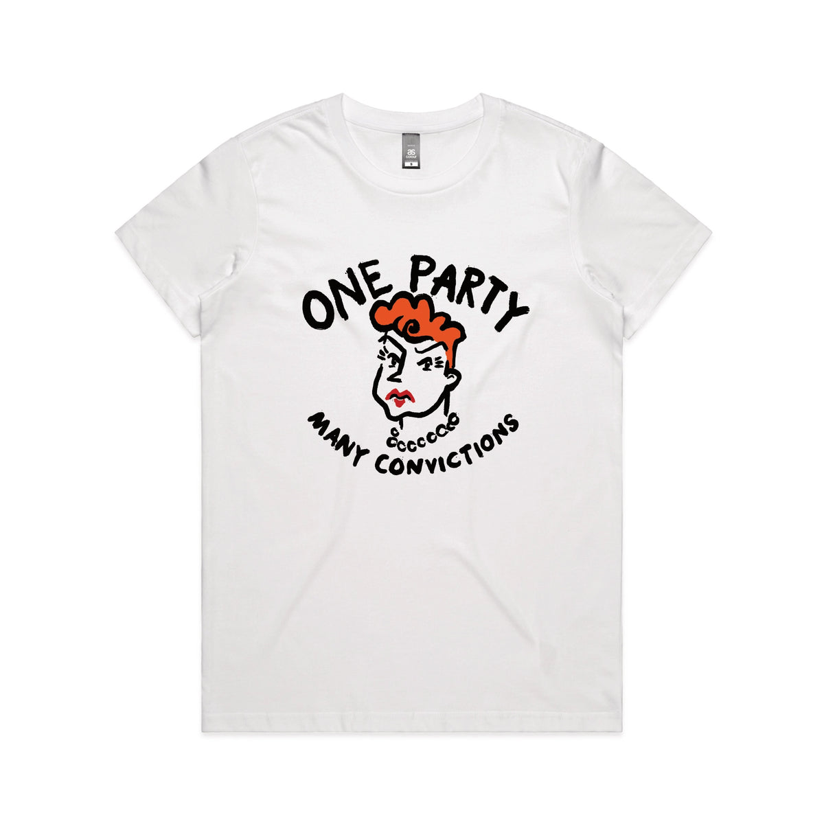 White fitted womens t-shirt with Many Convictions graphic by Lonely Kids Club