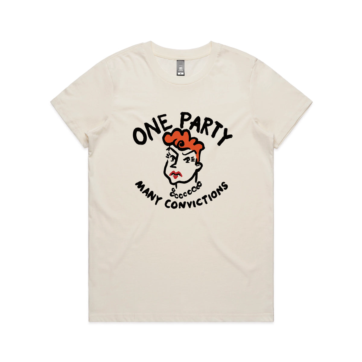 Ecru fitted womens t-shirt with Many Convictions graphic by Lonely Kids Club