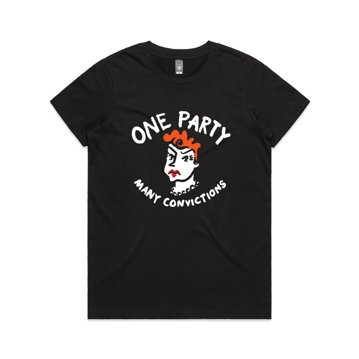 Black fitted womens t-shirt with Many Convictions graphic by Lonely Kids Club