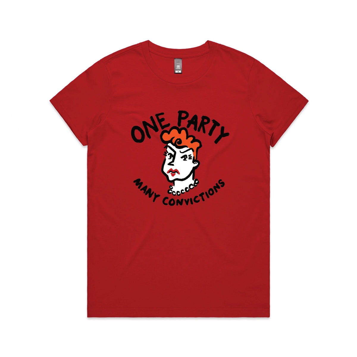 Red fitted womens t-shirt with Many Convictions graphic by Lonely Kids Club