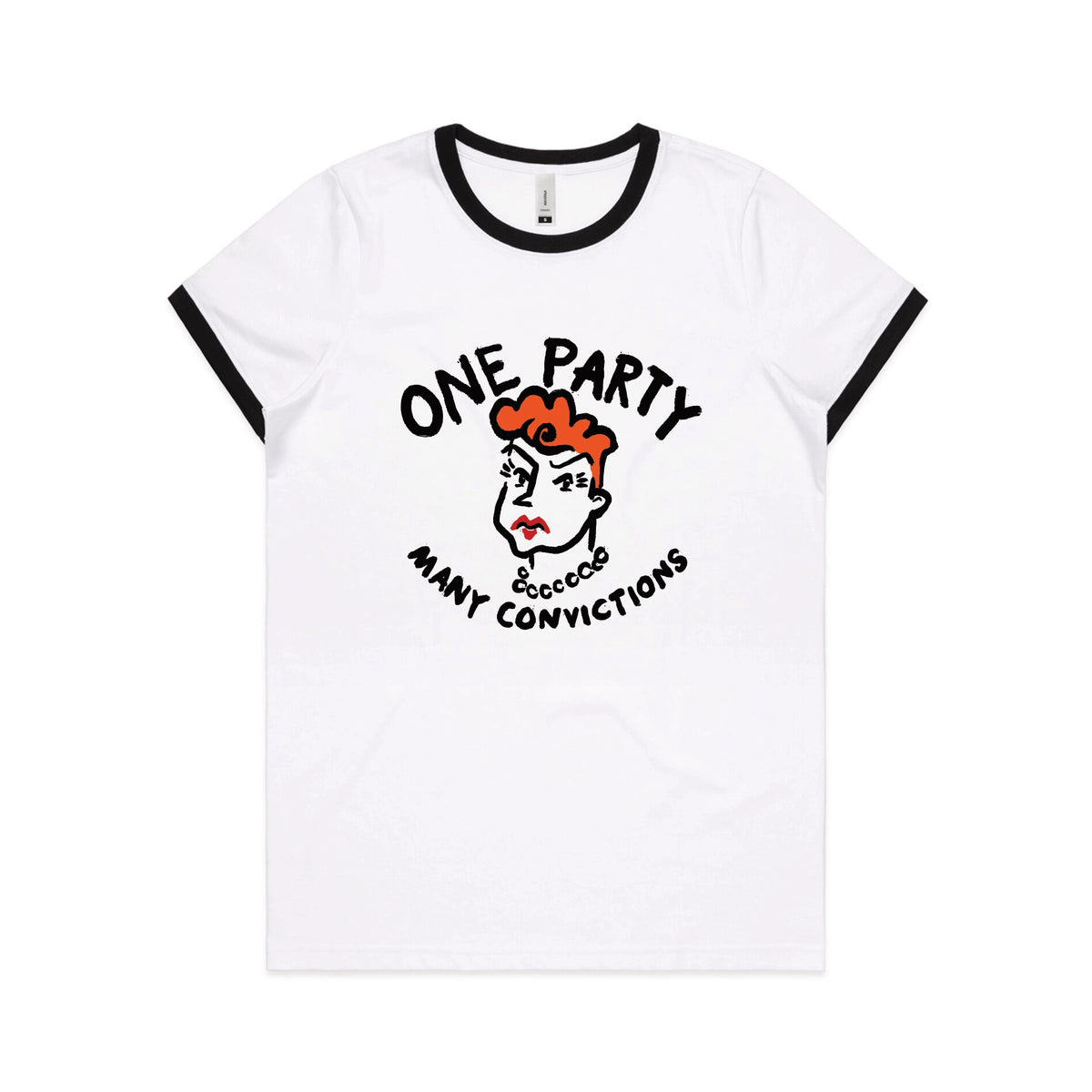 Black/White Ringer fitted womens t-shirt with Many Convictions graphic by Lonely Kids Club