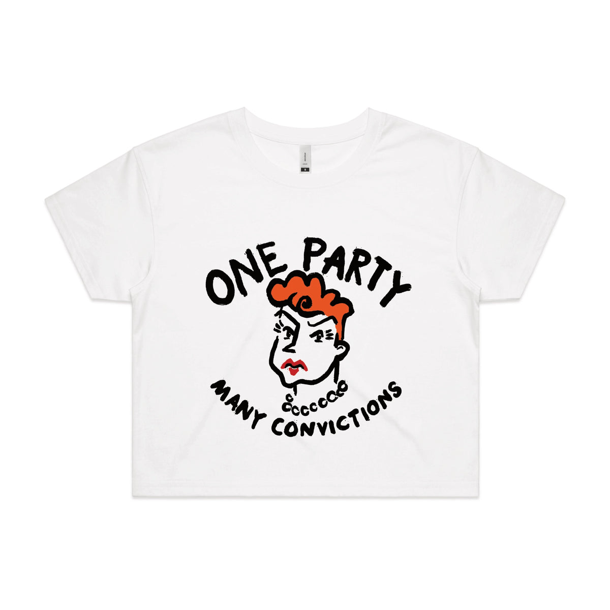 White crop top with Many Convictions graphic by Lonely Kids Club