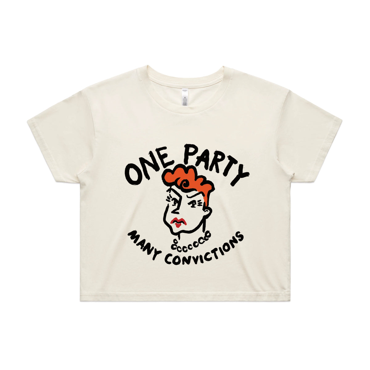 Ecru crop top with Many Convictions graphic by Lonely Kids Club