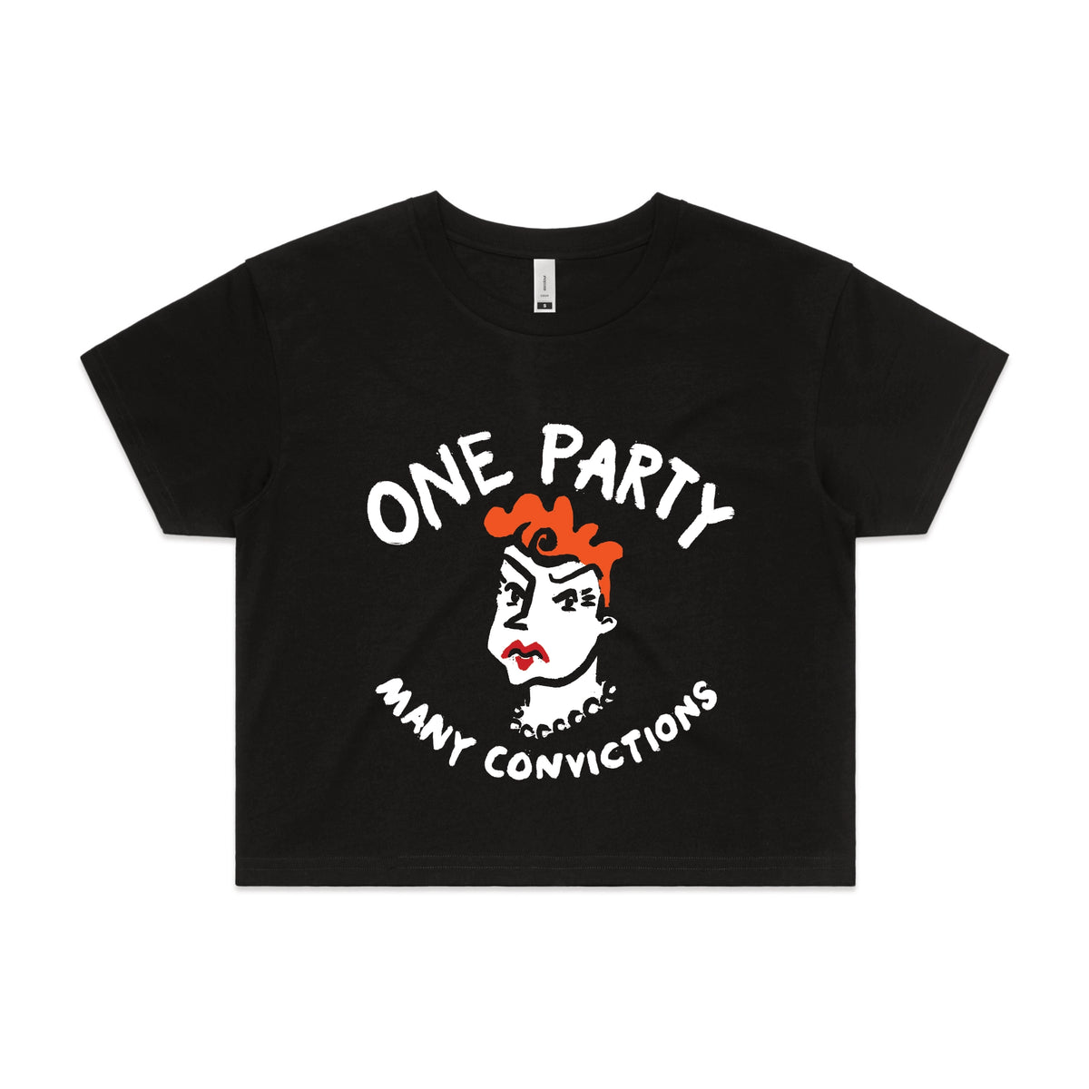 Black crop top with Many Convictions graphic by Lonely Kids Club