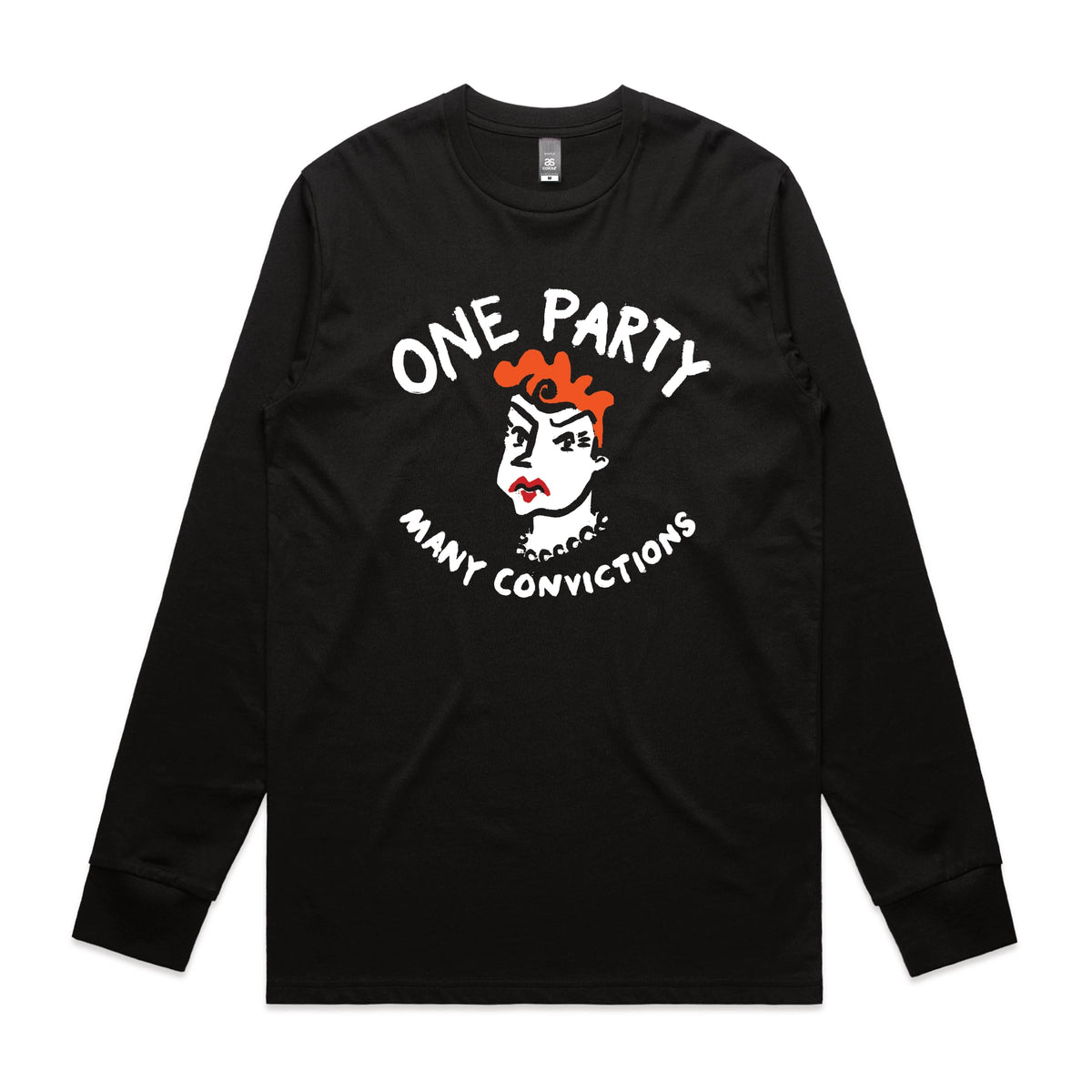 Black long sleeve t-shirt with Many Convictions graphic by Lonely Kids Club