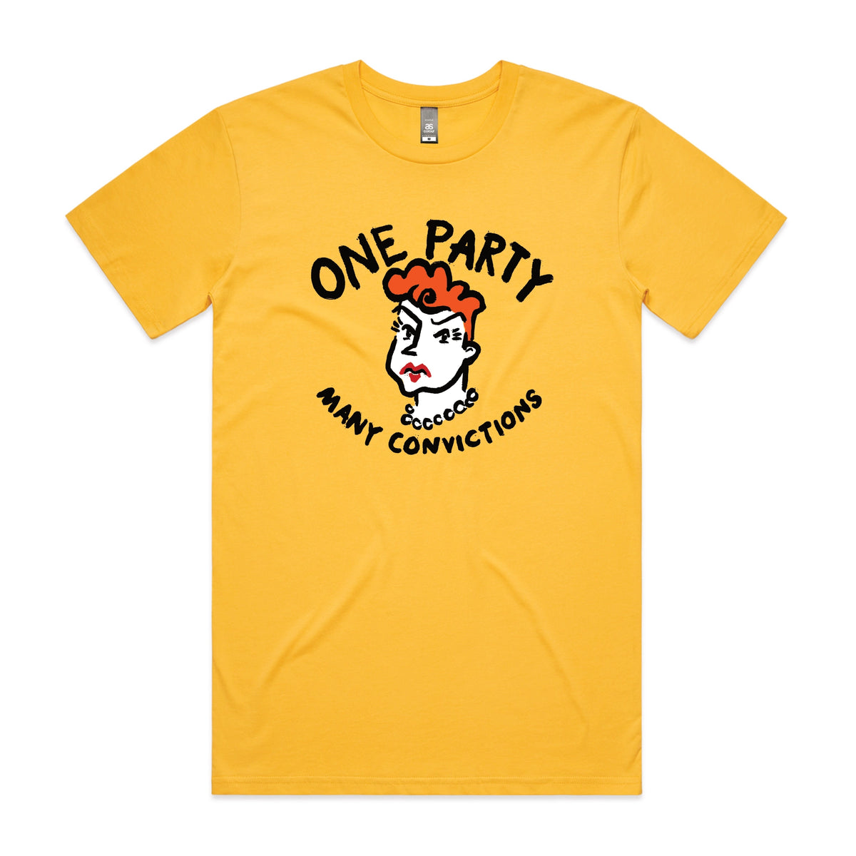 Yellow unisex t-shirt with Many Convictions graphic by Lonely Kids Club