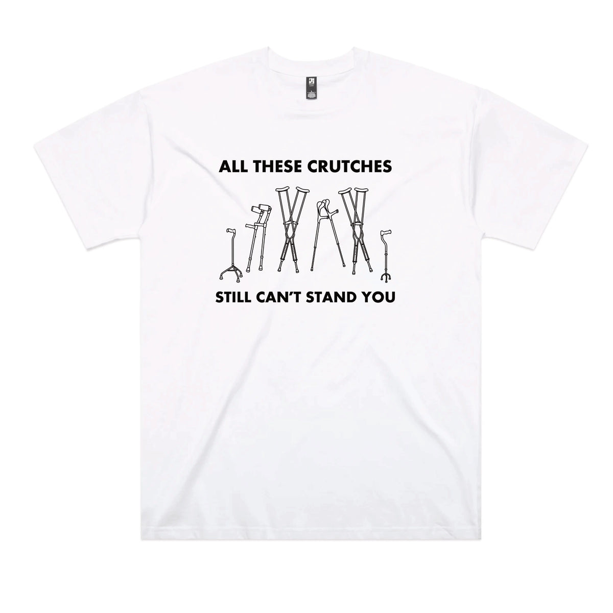 White oversized t-shirt with All These Crutches graphic by Lonely Kids Club