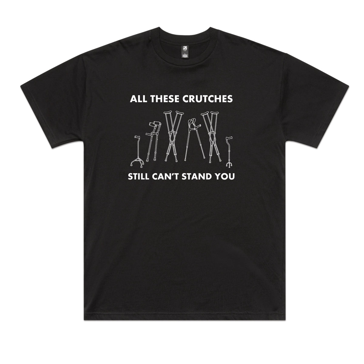 Black oversized t-shirt with All These Crutches graphic by Lonely Kids Club