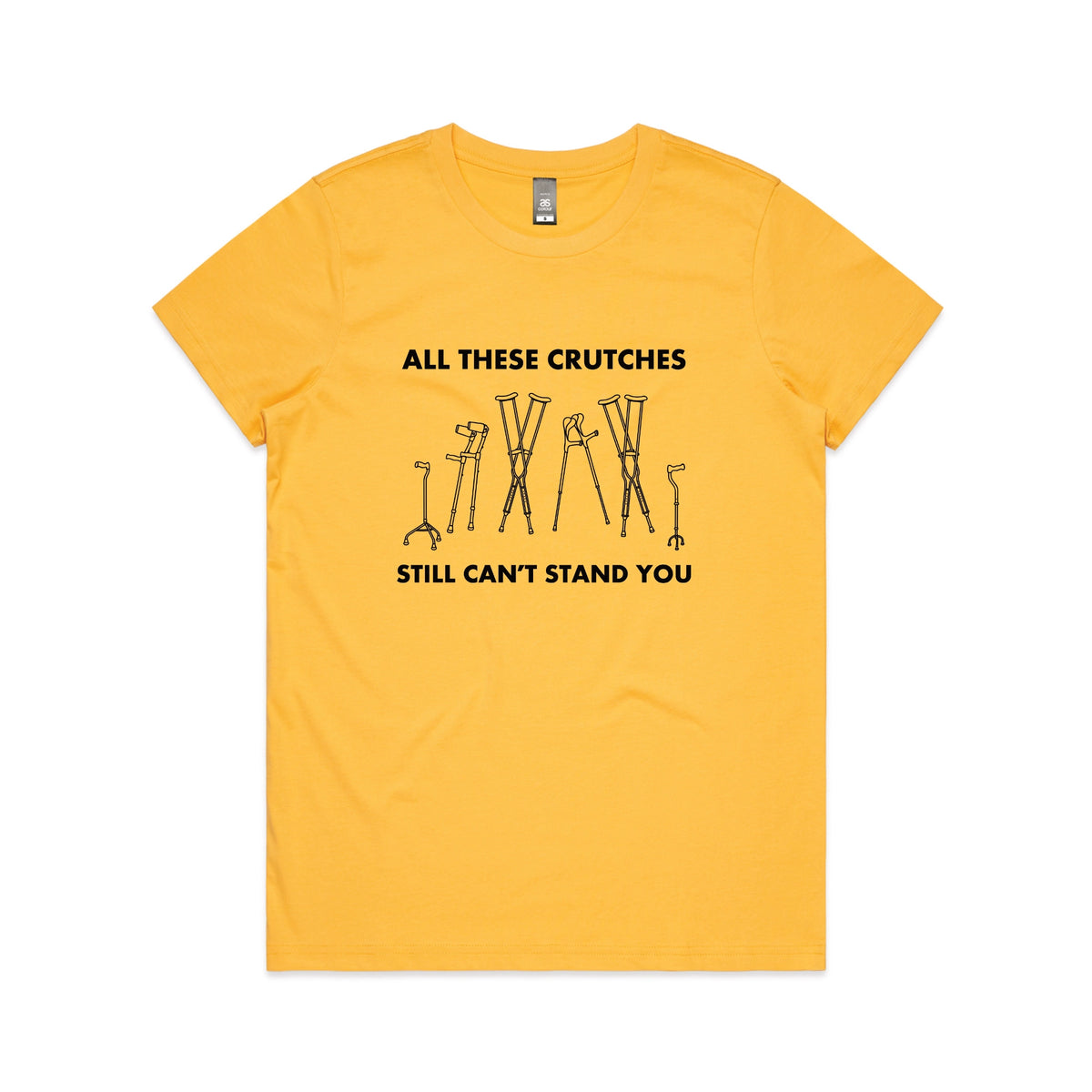 Yellow fitted womens t-shirt with All These Crutches graphic by Lonely Kids Club
