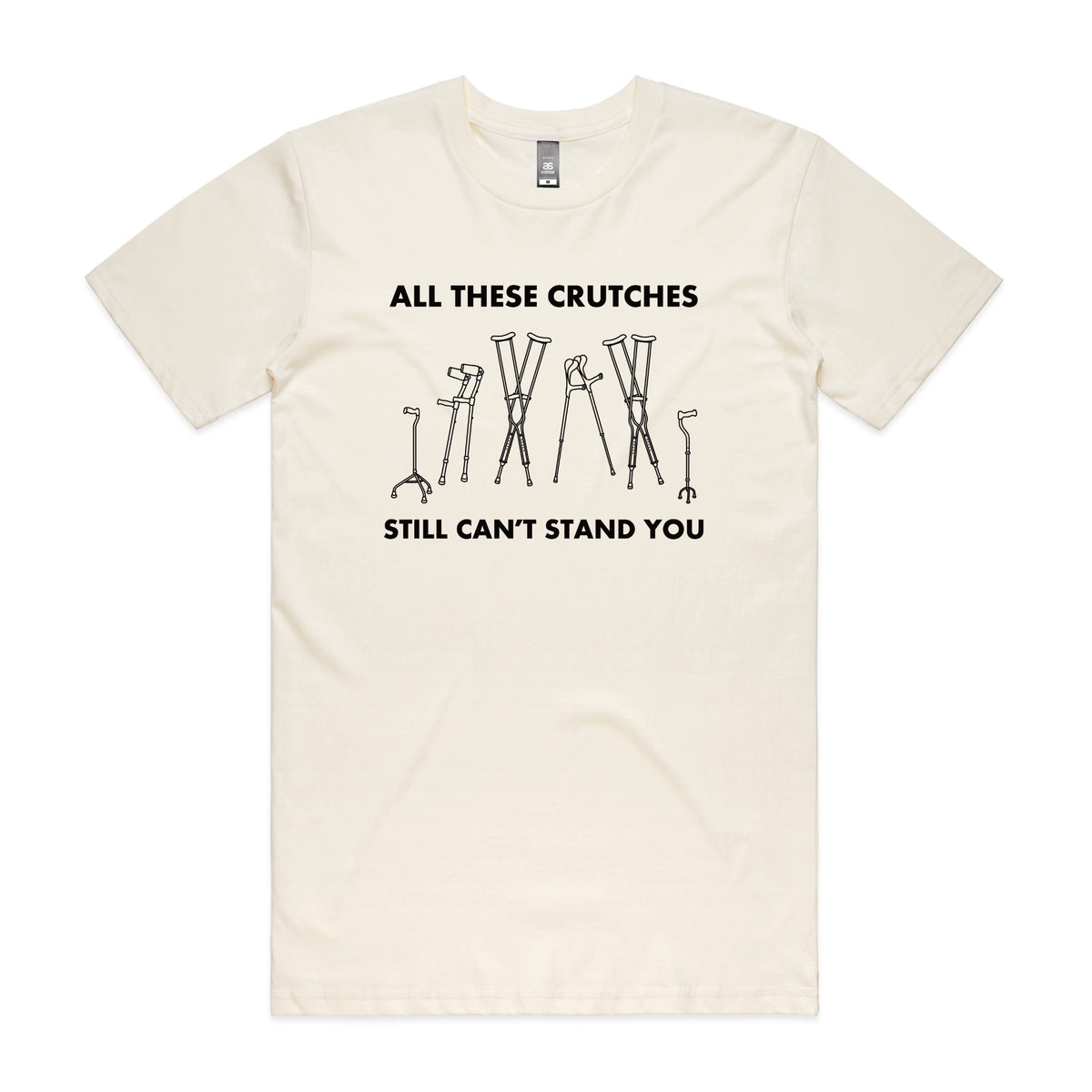 Ecru unisex t-shirt with All These Crutches graphic by Lonely Kids Club